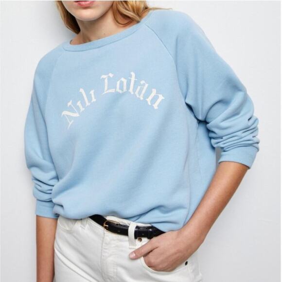 Nili Lotan $325 Printed Classic Crewneck Sweatshirt in Light Blue - Picture 3 of 9